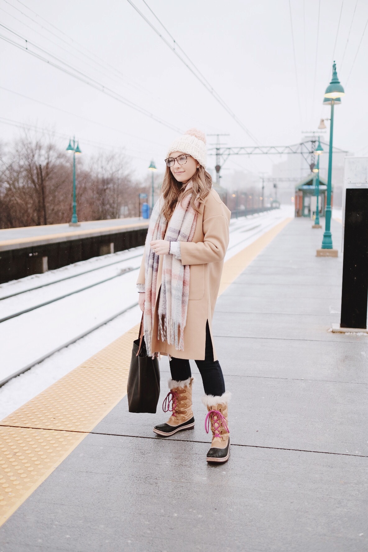 Camel coat with plaid scarf and sorel boots | Miss Madeline Rose
